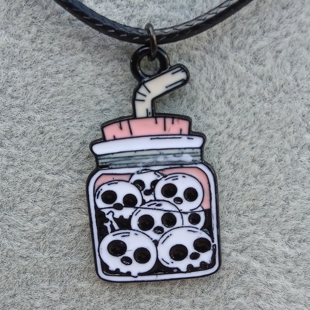 2/$10 Skull Jar Pendant Necklace - Pink and Black